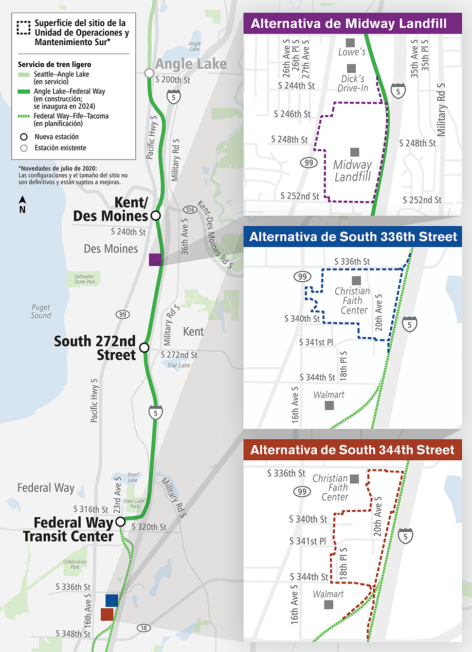 Mapa que muestra la futura ruta de Link light rail de Angle Lake a Federal Way, además de los posibles futuros sitios para la Unidad de Operaciones y Mantenimiento Sur.